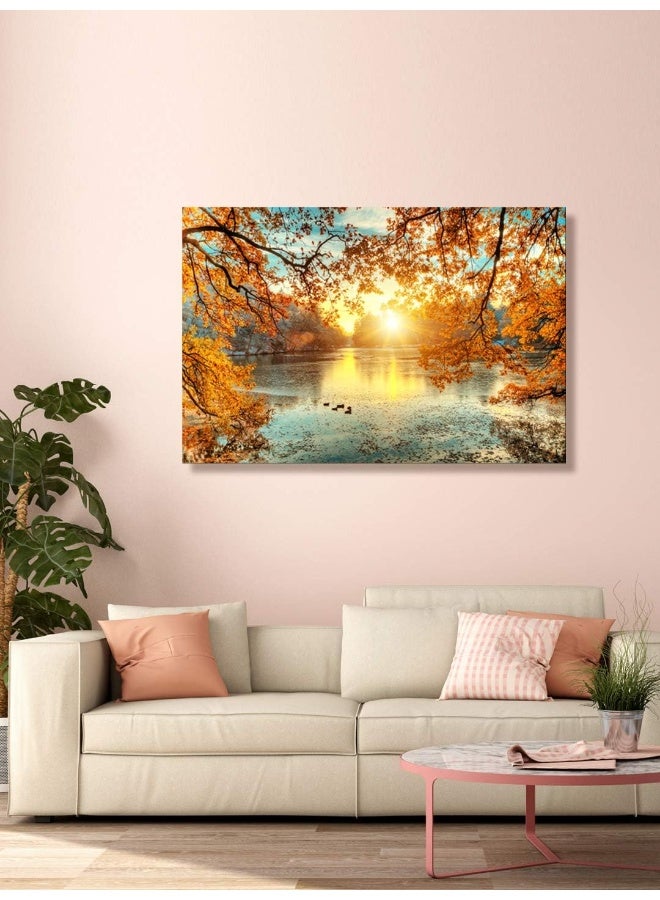 999Store Printed Yellow Leaves Tree and Lake Painting Wall Art (Canvas_36X24 Inches_Multi) - Image 1
