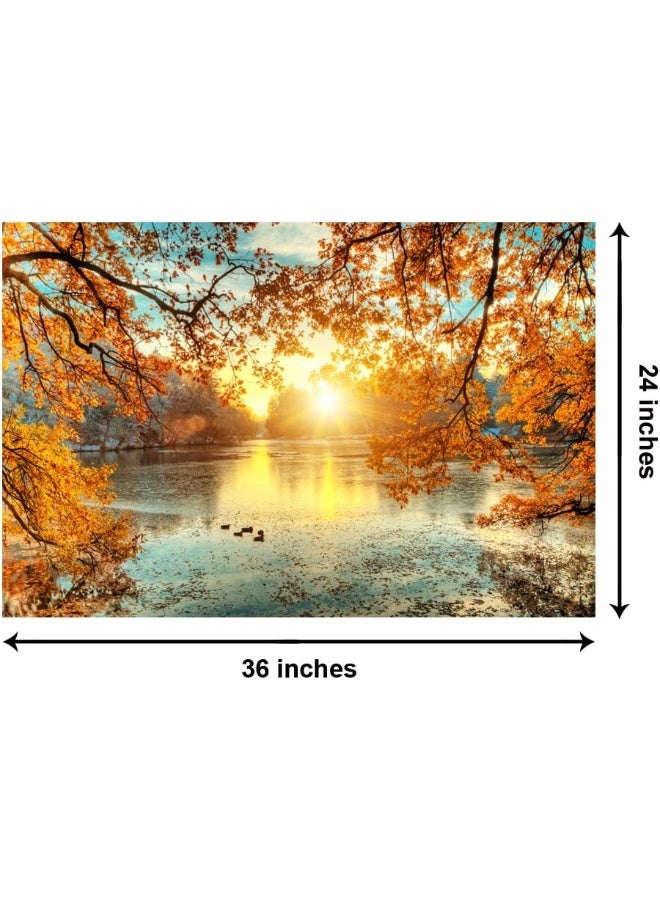 999Store Printed Yellow Leaves Tree and Lake Painting Wall Art (Canvas_36X24 Inches_Multi) - Image 5