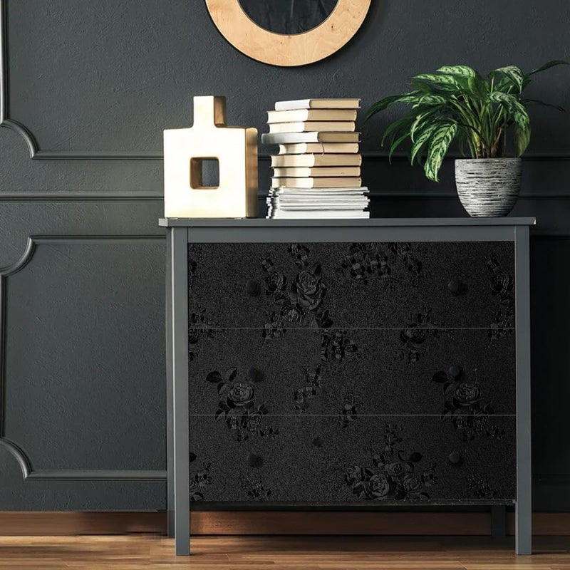 lenify Black Peel and Stick Wallpaper Floral Black Wallpaper 17.7inch x 118.1inch Embossed Flower Contact Paper Peel and Stick Textured Self Adhesive Removable Wall Paper Floral Vinyl for Cabinets - Image 5