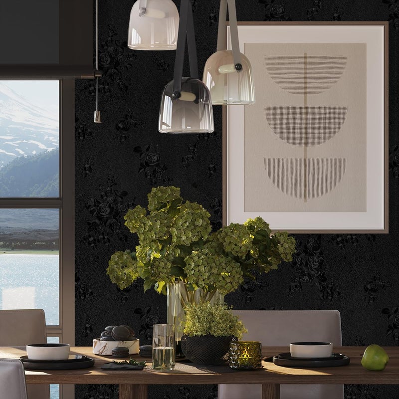 lenify Black Peel and Stick Wallpaper Floral Black Wallpaper 17.7inch x 118.1inch Embossed Flower Contact Paper Peel and Stick Textured Self Adhesive Removable Wall Paper Floral Vinyl for Cabinets - Image 4