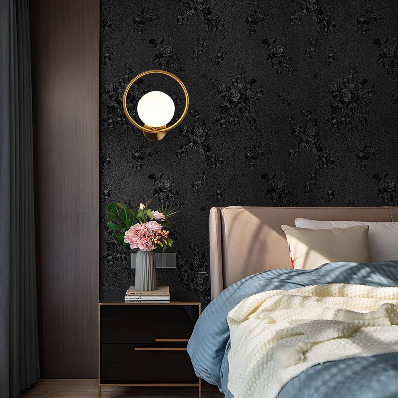 lenify Black Peel and Stick Wallpaper Floral Black Wallpaper 17.7inch x 118.1inch Embossed Flower Contact Paper Peel and Stick Textured Self Adhesive Removable Wall Paper Floral Vinyl for Cabinets - Image 3