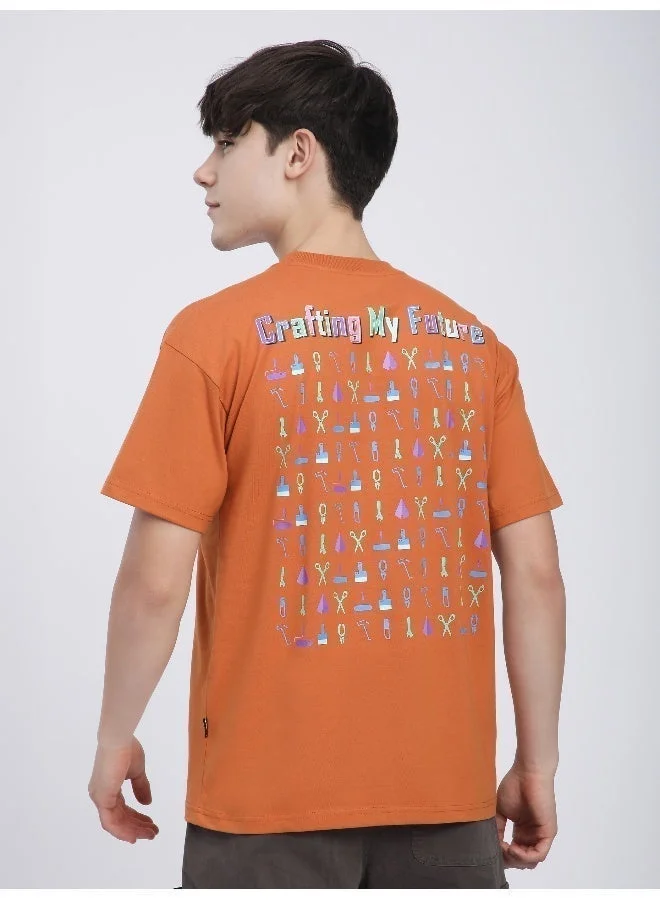 Beyoung Maple Orange Typography Printed Oversized T-Shirt