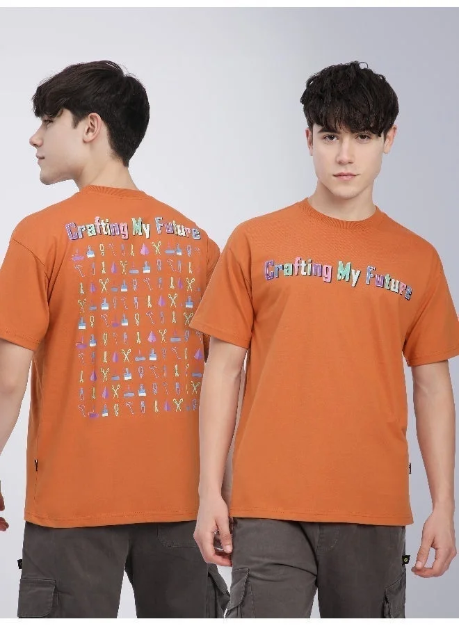 Beyoung Maple Orange Typography Printed Oversized T-Shirt