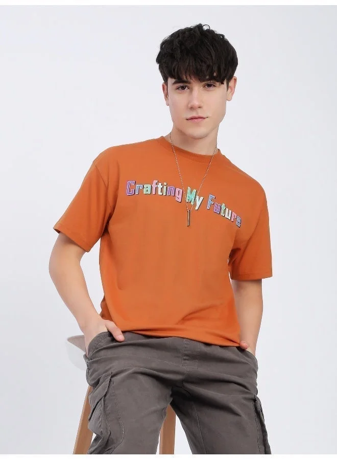 Beyoung Maple Orange Typography Printed Oversized T-Shirt