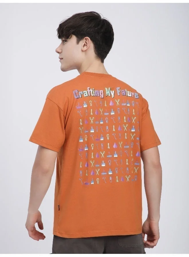 Beyoung Maple Orange Typography Printed Oversized T-Shirt