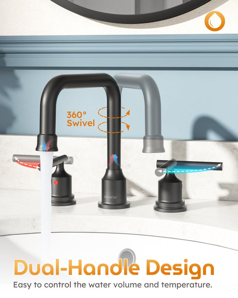 WOWOW Two Handles Widespread 8 inch Bathroom Faucet Black 3 Pieces Basin Faucets 360 Degree Swivel Spout Lavatory Sink Faucet - Image 4