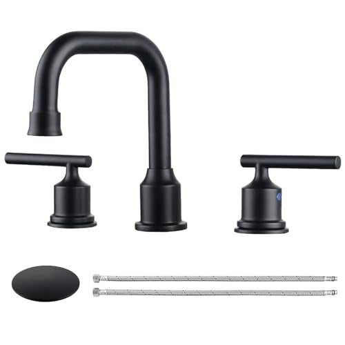 WOWOW Two Handles Widespread 8 inch Bathroom Faucet Black 3 Pieces Basin Faucets 360 Degree Swivel Spout Lavatory Sink Faucet - Image 1