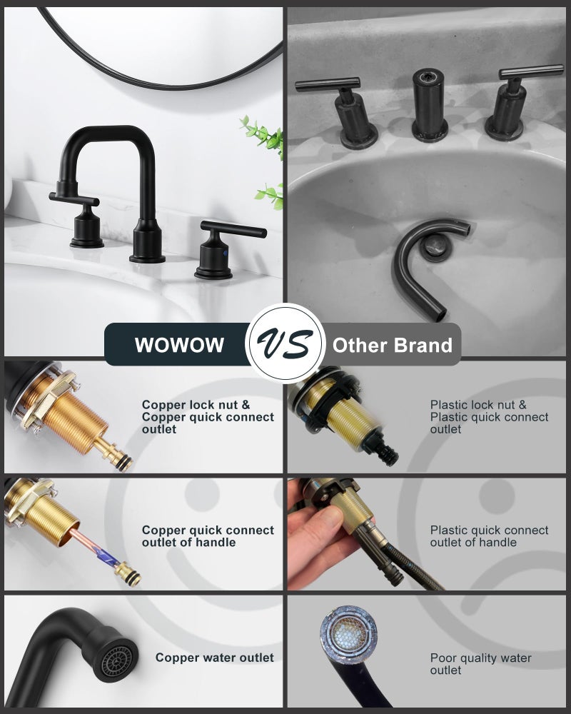 WOWOW Two Handles Widespread 8 inch Bathroom Faucet Black 3 Pieces Basin Faucets 360 Degree Swivel Spout Lavatory Sink Faucet - Image 5