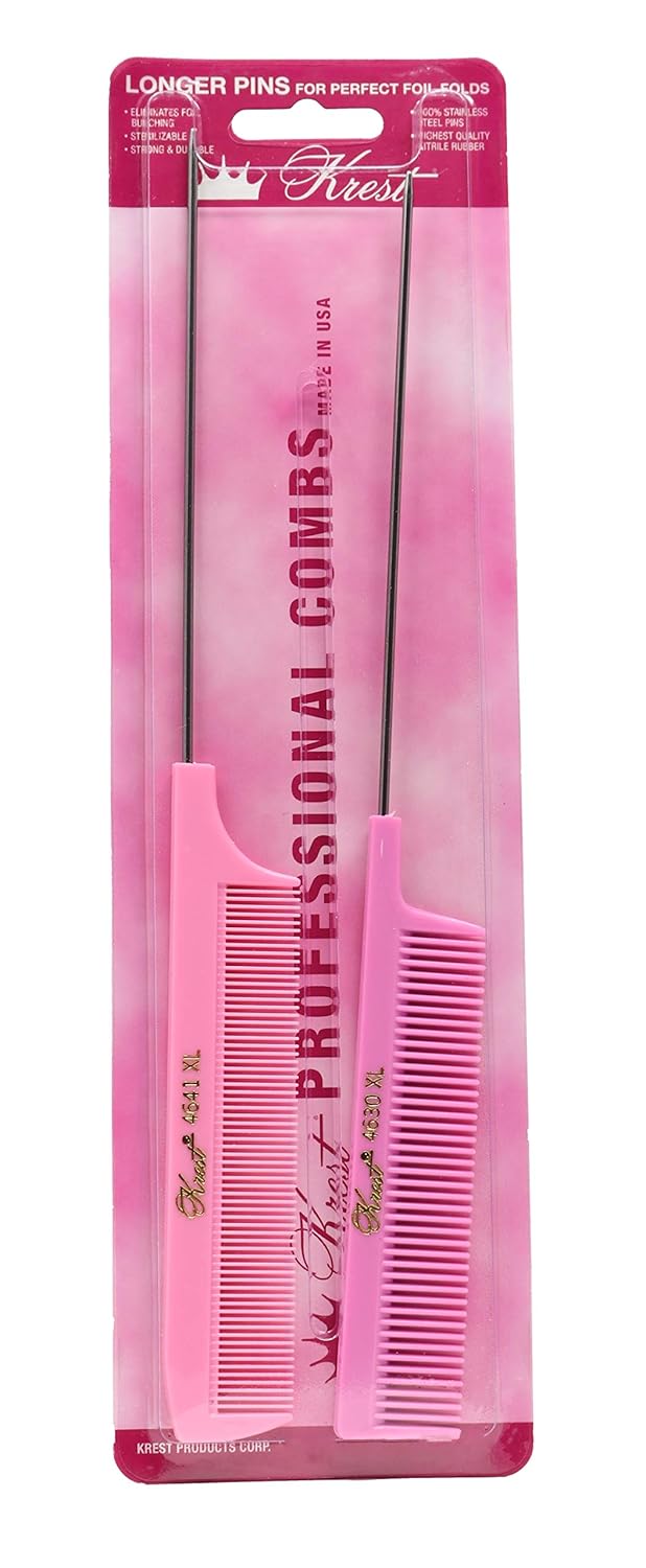 Krest Pintail Combs Weaving Foiling Fine Tooth Rattail Hair Cutting Comb Colors 2 Pc Pink