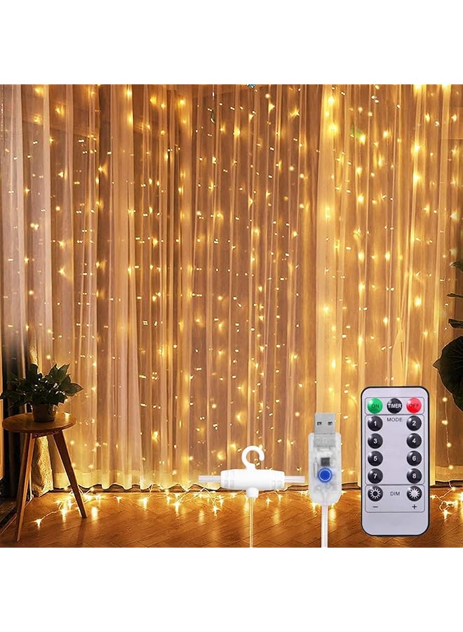 The Bros Curtain String Lights, 300 Led 3m X 3m 8 Lighting Modes Curtain Lights, Usb Powered Waterproof Fairy String Lights With Remote, For Ramadan Decorations, Wedding Party(Warm White) - Image 1