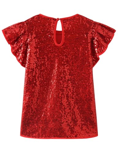 Noomelfish Girls Short Sleeve Sequin Shirts Party Glitter Sparkly Tops Blouse, Red, Size 9-10 Years - Image 2