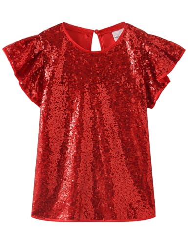 Noomelfish Girls Short Sleeve Sequin Shirts Party Glitter Sparkly Tops Blouse, Red, Size 9-10 Years - Image 1