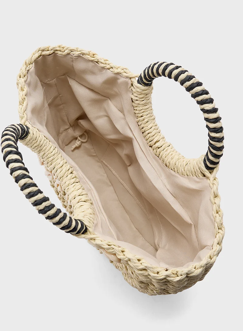 ELLA Shell Detail Woven Raffia Beach Tote Bag