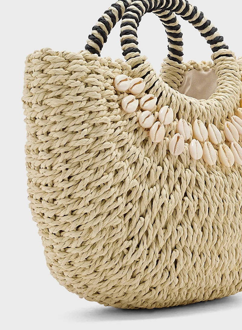 ELLA Shell Detail Woven Raffia Beach Tote Bag
