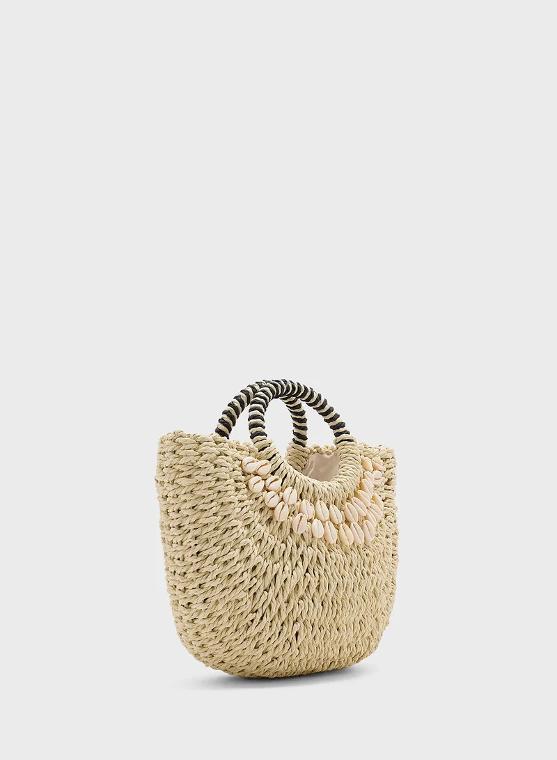ELLA Shell Detail Woven Raffia Beach Tote Bag