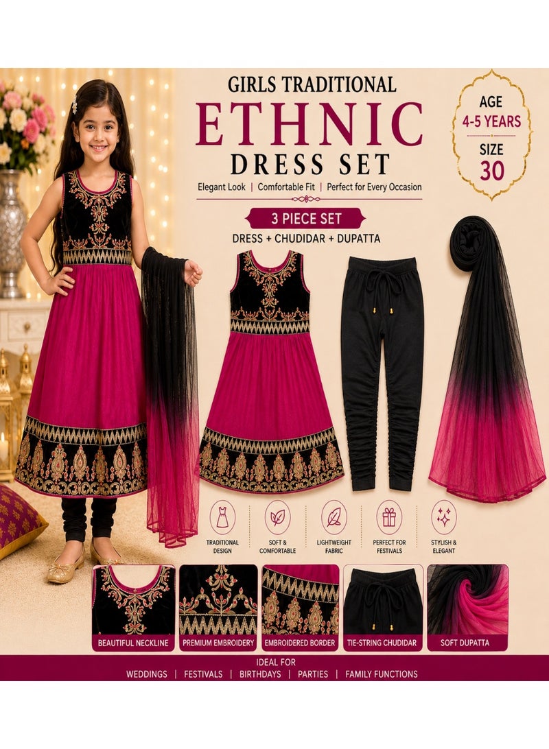 Girls Traditional Ethnic Dress Set 3 Piece – Black & Magenta Embroidered Dress with Black Churidar & Ombre Dupatta – Size 30, 4–5 Years