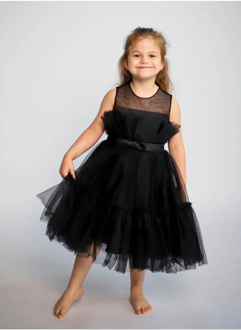 دىدانيالا D' Daniela - Toddler Girls Bow Front Ruffle Hem Mesh Gown Dress Black