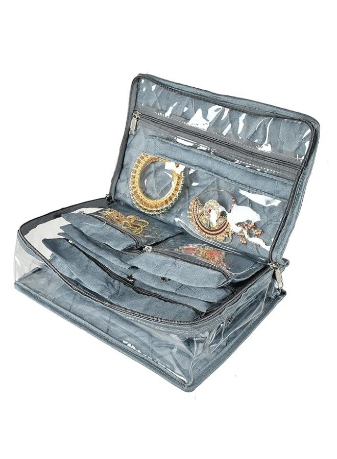 Kuber Industries Laminated PVC Travel Jewelry Organiser, Jewelry Storage Bags for Necklace, Earrings, Rings, Bracelet With 13 Transparent Pouches (Grey) - Image 2