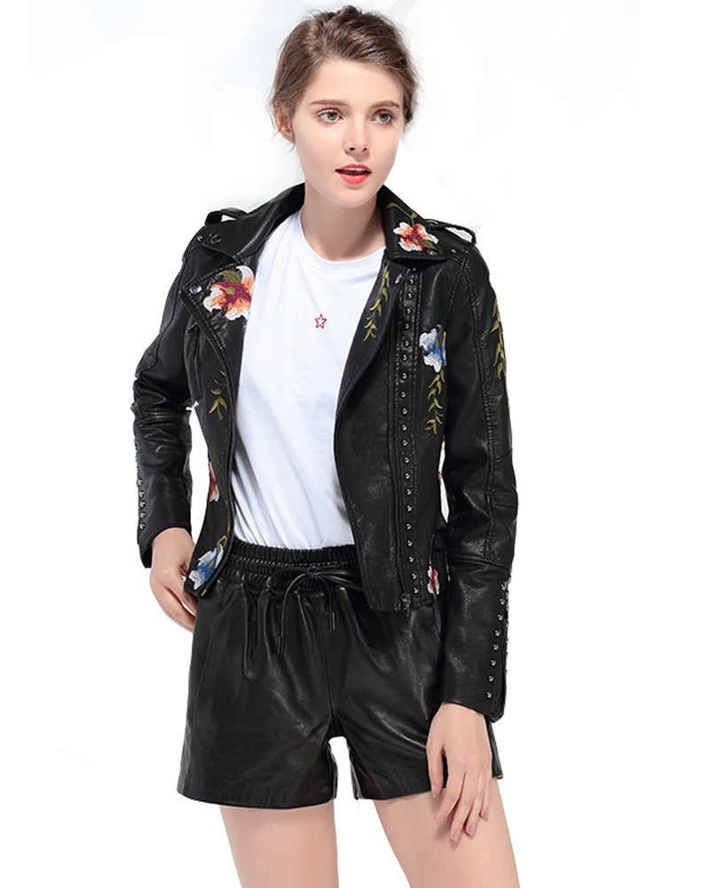 LY VAREY LIN Women's Floral Embroidered Faux Leather Moto PU Jacket Coat (M, Black) - Image 2