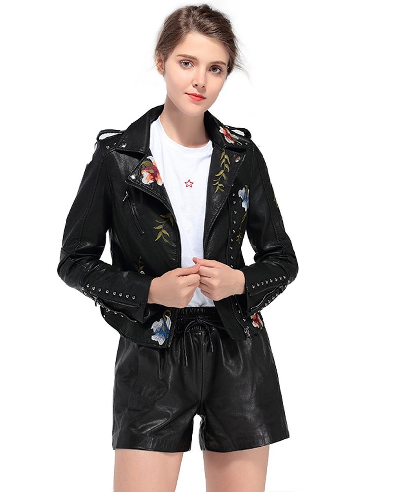 LY VAREY LIN Women's Floral Embroidered Faux Leather Moto PU Jacket Coat (M, Black) - Image 3