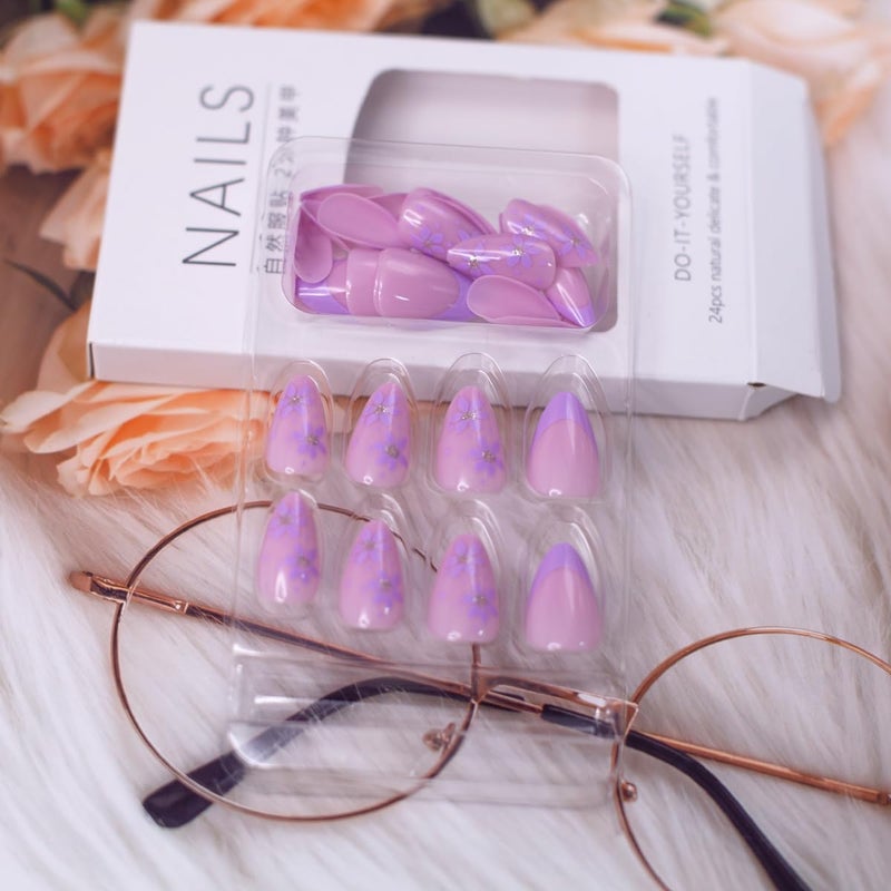 HJKDSFD 30Pcs Short Almond Press On Nails - Purple Flower French Tip Acrylic Glossy False Nails With Floral Design - Reusable Glue On Full Cover Stick On DIY Nails for Women Girls - Image 4