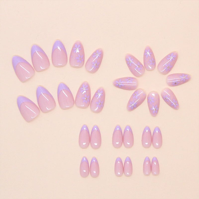 HJKDSFD 30Pcs Short Almond Press On Nails - Purple Flower French Tip Acrylic Glossy False Nails With Floral Design - Reusable Glue On Full Cover Stick On DIY Nails for Women Girls - Image 3