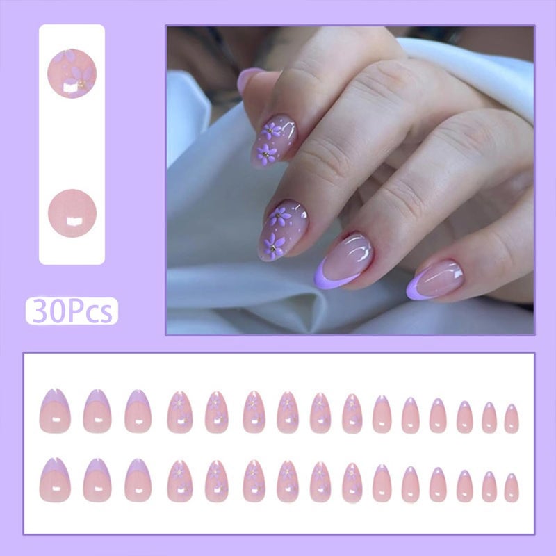 HJKDSFD 30Pcs Short Almond Press On Nails - Purple Flower French Tip Acrylic Glossy False Nails With Floral Design - Reusable Glue On Full Cover Stick On DIY Nails for Women Girls - Image 2