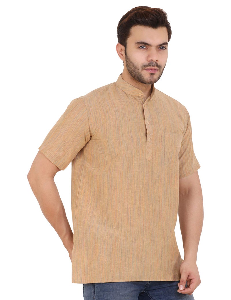 LATEST CHIKAN Men's Cotton Regular Textured Short Kurta Half Sleeves - SK-DJ-BG-44 Beige - Image 4