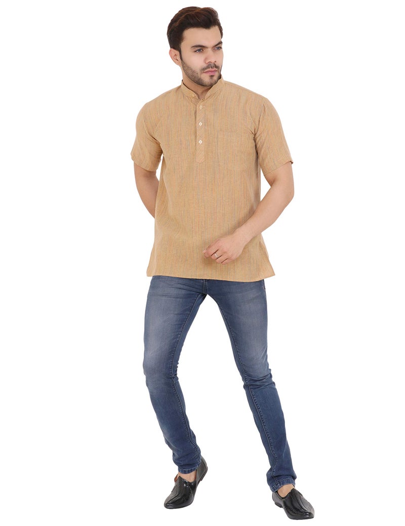 LATEST CHIKAN Men's Cotton Regular Textured Short Kurta Half Sleeves - SK-DJ-BG-44 Beige - Image 5