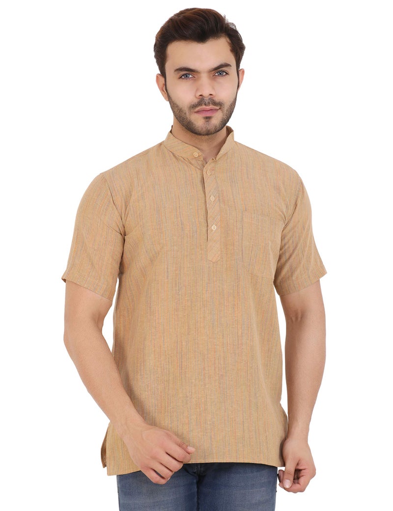 LATEST CHIKAN Men's Cotton Regular Textured Short Kurta Half Sleeves - SK-DJ-BG-44 Beige - Image 1