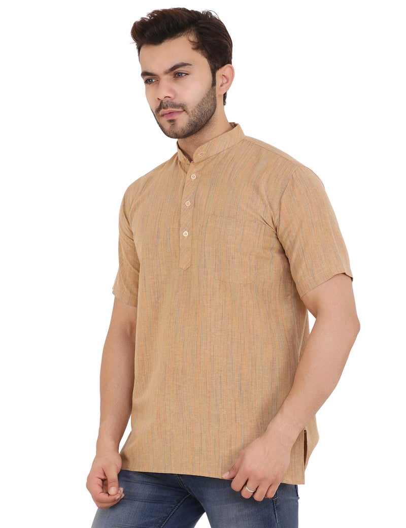 LATEST CHIKAN Men's Cotton Regular Textured Short Kurta Half Sleeves - SK-DJ-BG-44 Beige - Image 3