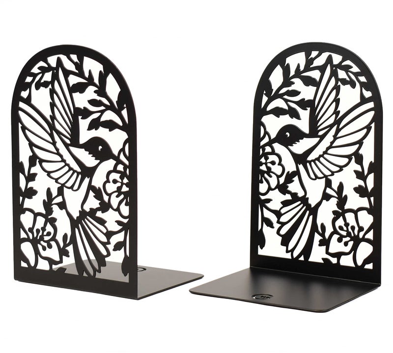 CNK Premium BookEnds  Heavy Duty Metal Book Stoppers for Home Office Decorative Book Shelf Holders Hummingbird Black
