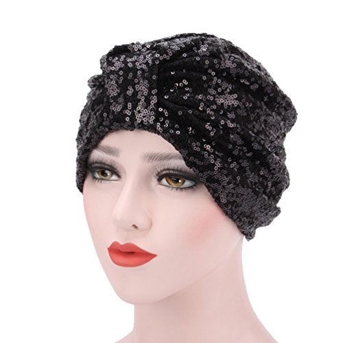DECOU Sparkly Sequin Twist Pleated Hair Wrap Stretch Turban S232 (Black) - Image 2