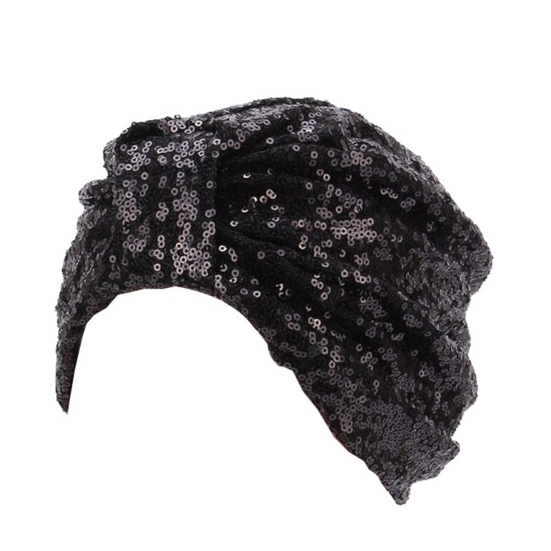 DECOU Sparkly Sequin Twist Pleated Hair Wrap Stretch Turban S232 (Black) - Image 5