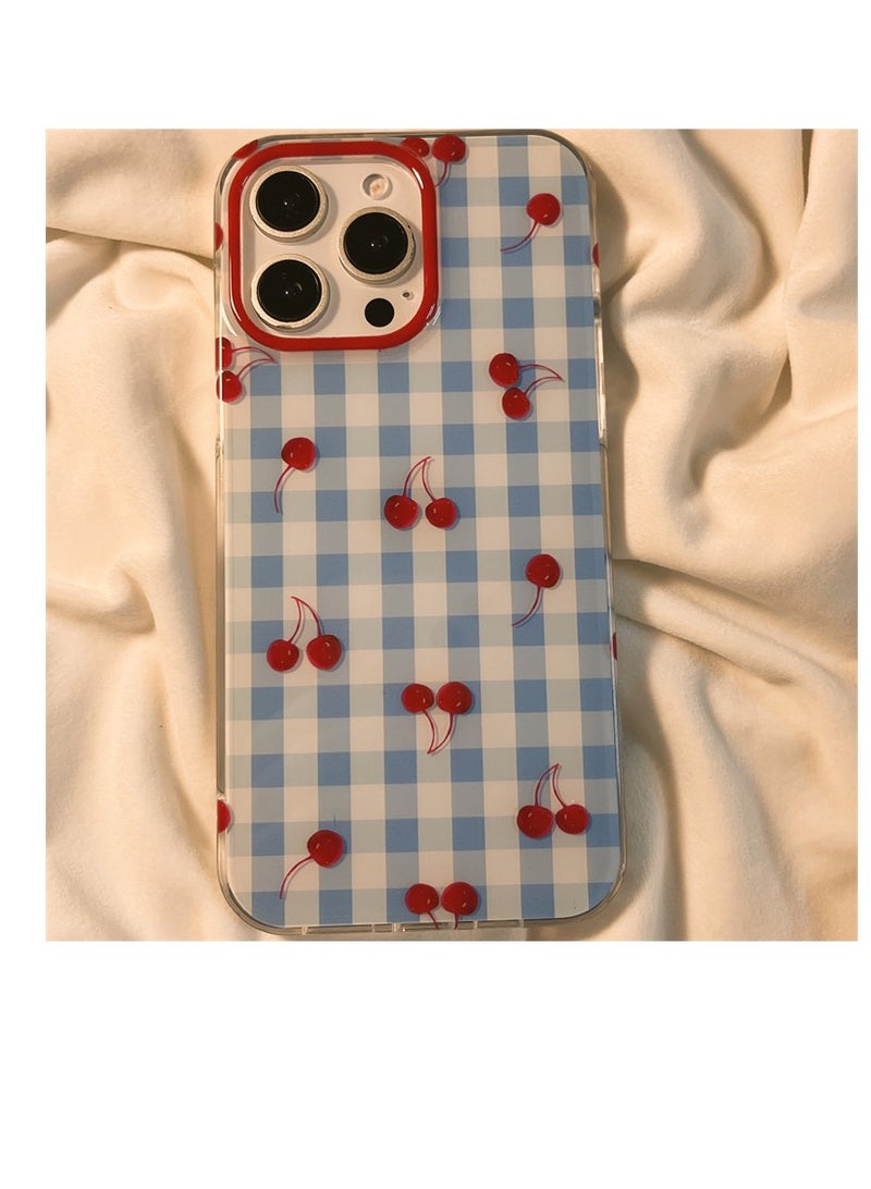 NIBEMINENT Protective TPU Case Cover For iPhone 17 Pro Max, Niche Blue Checkered Cherries