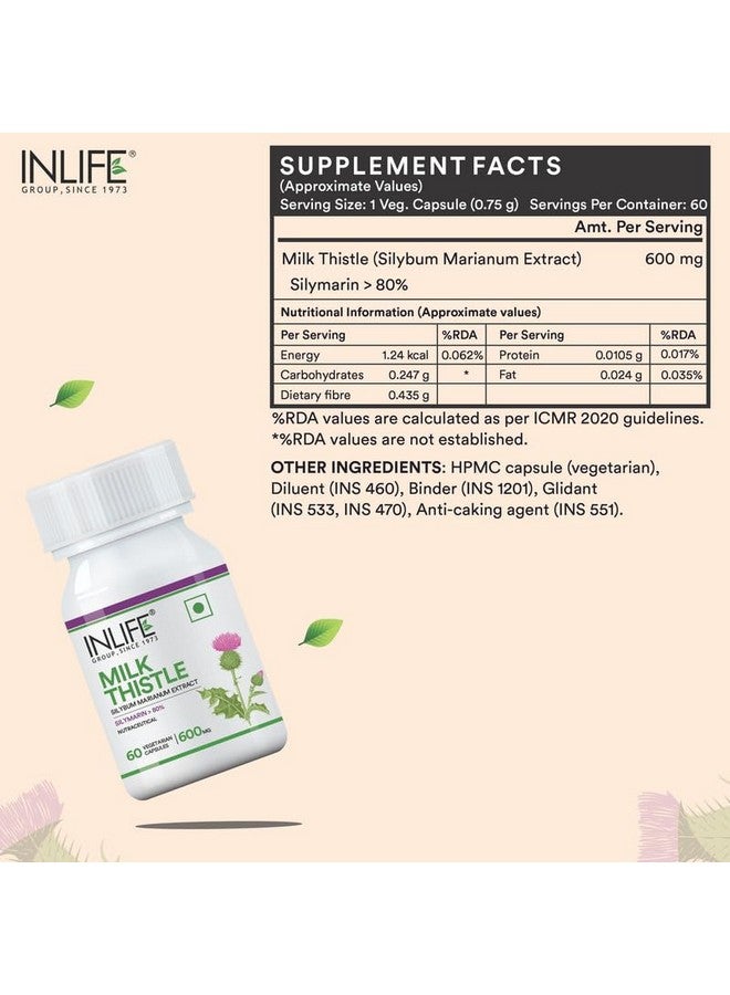 INLIFE Milk Thistle Extract 600mg Capsules | Silybum Marianum Liver Support Supplement | Men and Women - 60 Vegetarian Caps (Pack of 1, 60) - Image 2