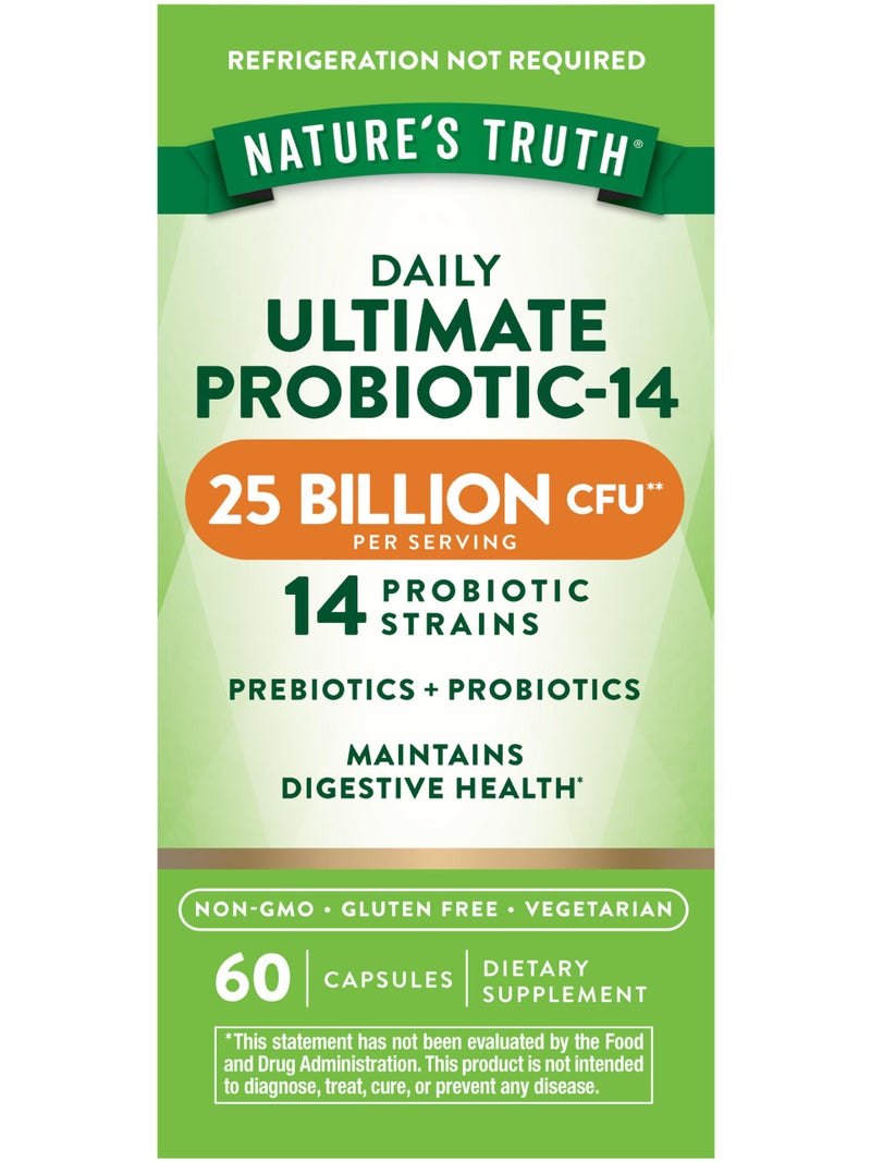 Natures Truth Probiotics for Men and Women 25 Billion CFU 60 Capsules 14 Strains NonGMO Gluten Free Digestive Health Supplement