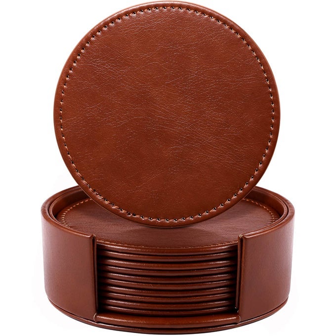 Leather Coasters for Drinks 4 Drink Coasters Set of 6 with Holder for Tabletop Protection Handmade Luxurious Home Dcor and Housewarming Gift Brown