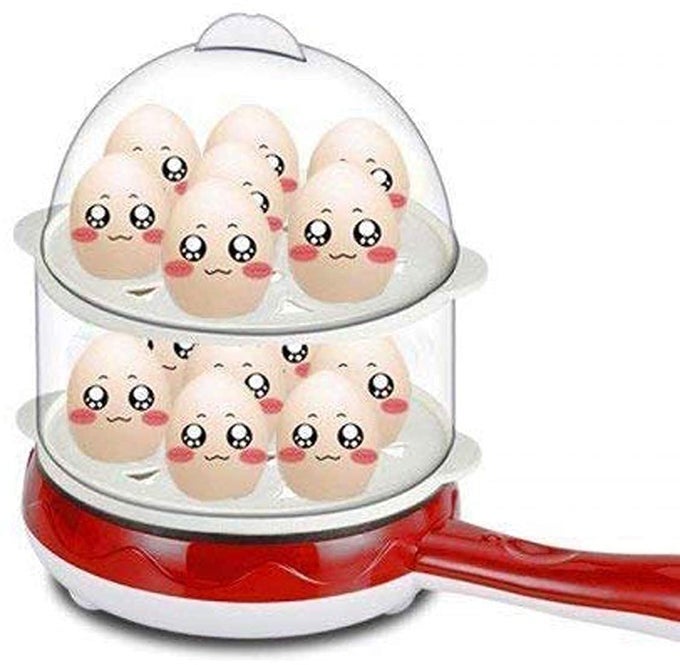 MULTIFUNCTIONAL 2IN1 DOUBLE LAYER EGG BOILER WITH HANDLE ELECTRIC AUTOMATIC SHUTOFF FOR 14 EGGS COOKING BOILING AND FRYING MULTICOLOR NONSTICK FRYING PAN