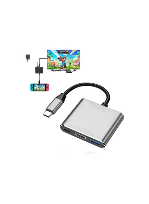 محول Type-C إلى HDMI قابل للحمل لجهاز نينتندو سويتش، محطة شحن صغيرة مع منفذ USB 3.0 إضافي (رمادي)