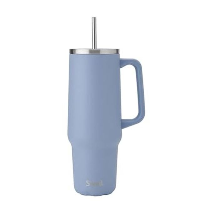 S'well Recycled Stainless Steel Tumbler XL with Straw and Handle, 40oz, Hydrangea Blue, Triple Layered Vacuum Insulated Containers Keeps Drinks Cold for 50 hours, Hot for 10, and Iced for 4 days