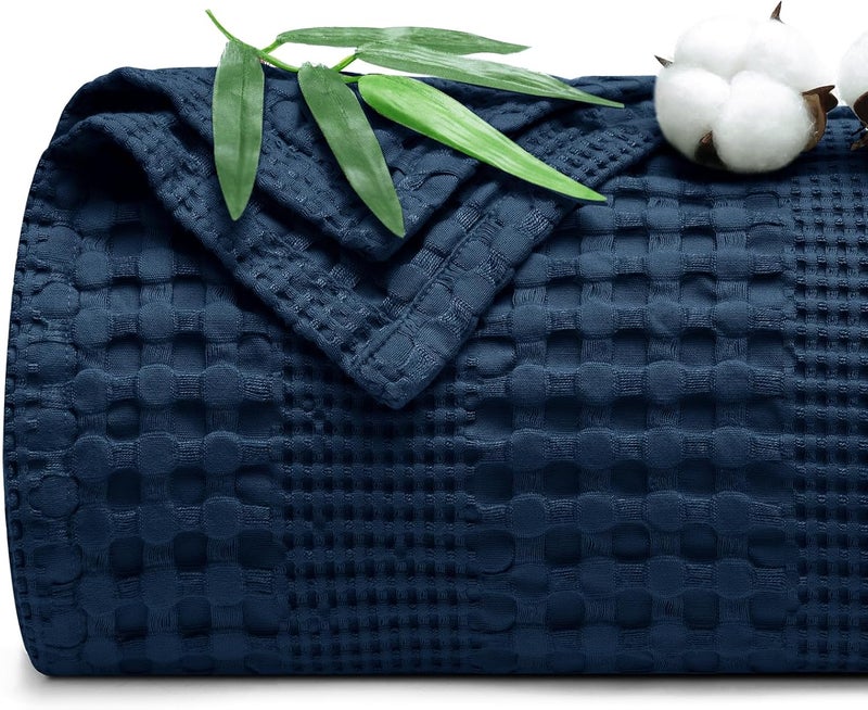 PHF Bamboo Cotton Waffle  Blanket King(264 cm x 228 cm)  for Couch, Bed, Snag Proof for Spring Summer Lightweight Breathable, Navy Blue - Image 1