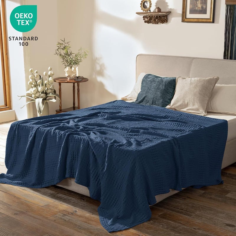PHF Bamboo Cotton Waffle  Blanket King(264 cm x 228 cm)  for Couch, Bed, Snag Proof for Spring Summer Lightweight Breathable, Navy Blue - Image 3