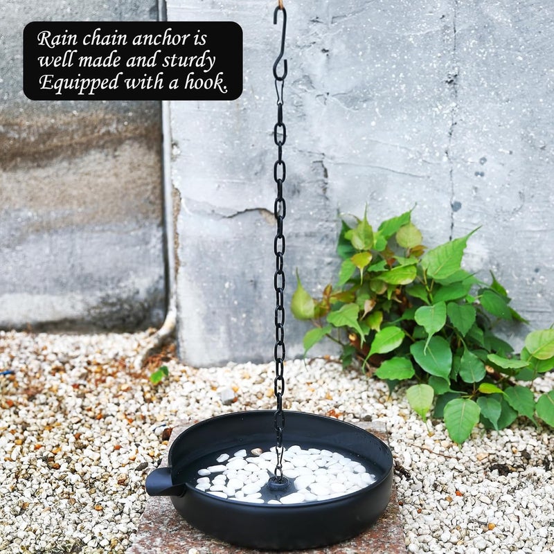 Mocome Rain Chain Anchoring Basin, Metal Bowl for Rain Chain Downspout Gutters, Black Rain Chain Basin of Chain Display for Outdoor Garden, Lawn and Patio Water Feature, 10.23 inch Diameter, 2 Inches High - Image 5