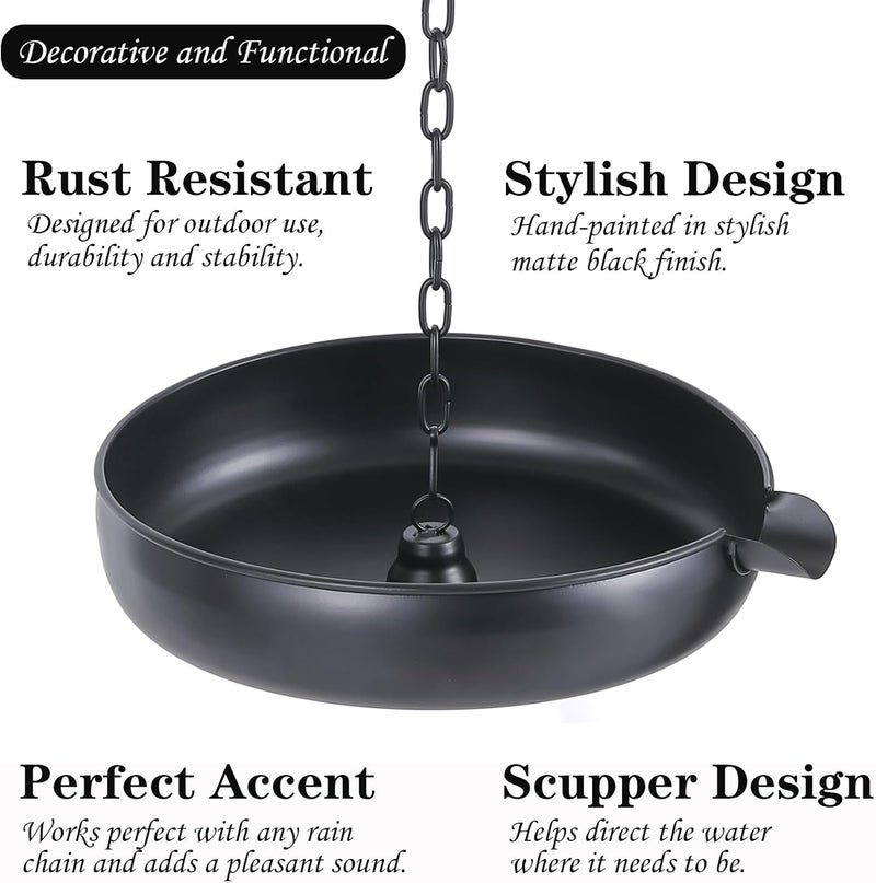 Mocome Rain Chain Anchoring Basin, Metal Bowl for Rain Chain Downspout Gutters, Black Rain Chain Basin of Chain Display for Outdoor Garden, Lawn and Patio Water Feature, 10.23 inch Diameter, 2 Inches High - Image 3