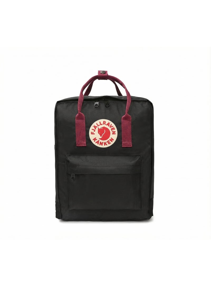 Fjallraven Classic Square Backpack for Women Men Teens, Water Resistant Lightweight Casual Daypack, Fashion School Bookbag with Front Pocket & Top Handles, Ideal for Daily Commute, Work, Travel Black Red Strap - Image 1