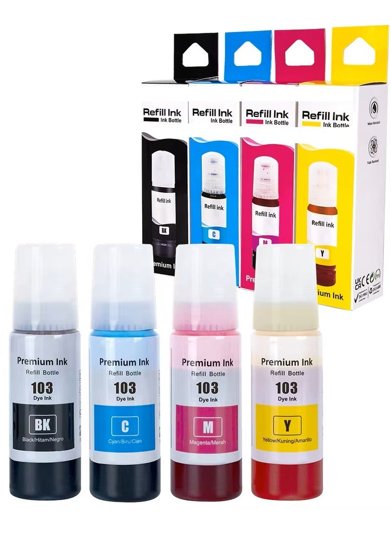 103 ink set four color For Epson 103 Black,Cyan,Yellow,Magenta Work with L1100,L1200,L3100,L3110,L3150,L3160,L3200,L3500,L5100,L5200,L5500 Printers. - Image 1