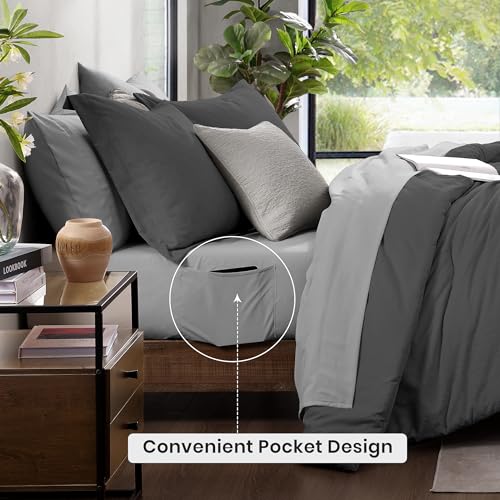 Monbix Queen Comforter Set - 7 Pieces Cationic Dyeing Dark Grey Bed in a Bag Queen Bedding Sets with Comforter, Sheets, Pillowcases & Shams, Reversible Bedding Comforters Sets - Image 4