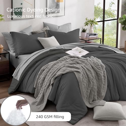 Monbix Queen Comforter Set - 7 Pieces Cationic Dyeing Dark Grey Bed in a Bag Queen Bedding Sets with Comforter, Sheets, Pillowcases & Shams, Reversible Bedding Comforters Sets - Image 3