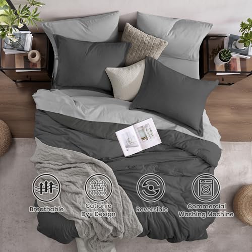 Monbix Queen Comforter Set - 7 Pieces Cationic Dyeing Dark Grey Bed in a Bag Queen Bedding Sets with Comforter, Sheets, Pillowcases & Shams, Reversible Bedding Comforters Sets - Image 2
